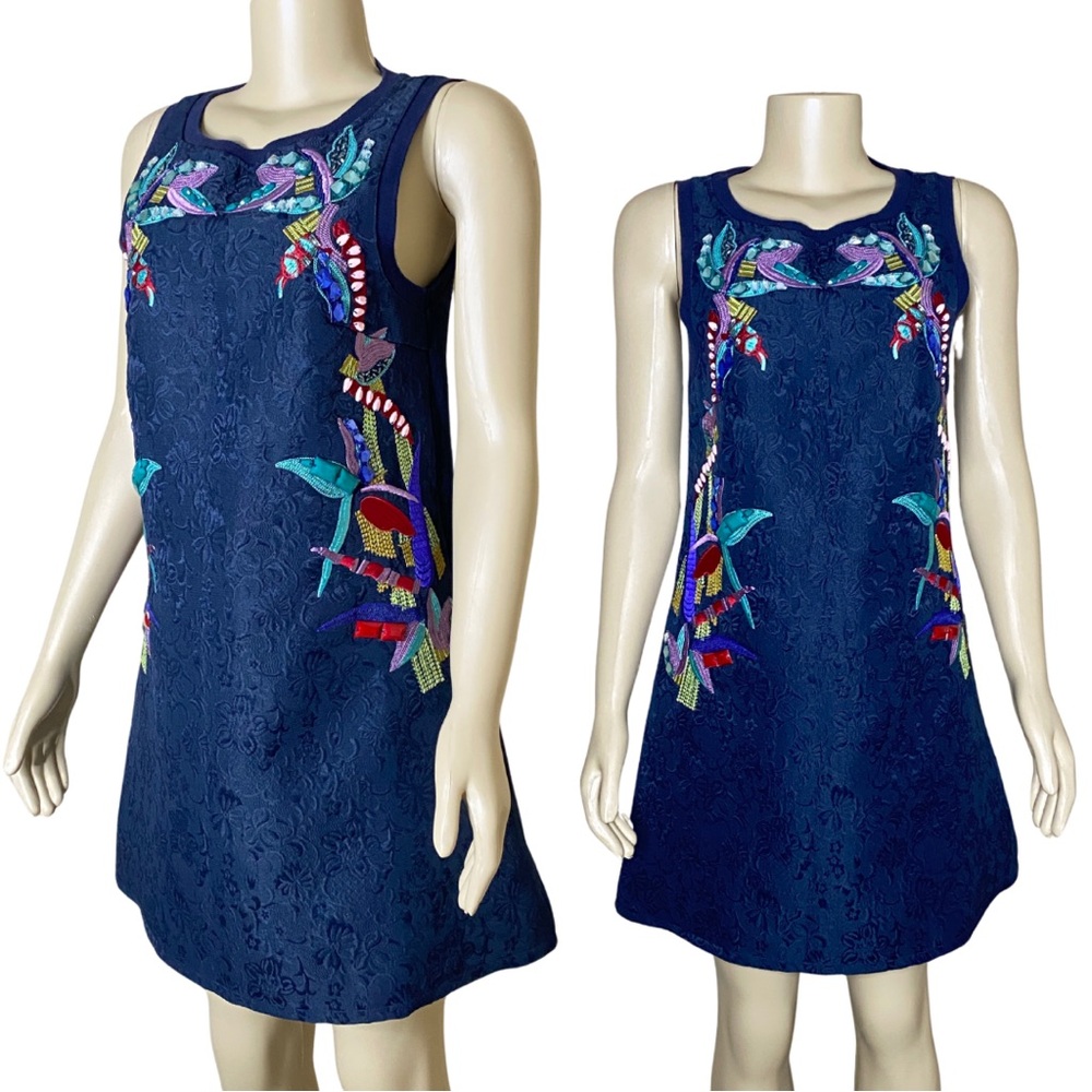 Molly Bracken Blue Floral Embroidered Jeweled Dress Boho Chic Dopamine Feminine